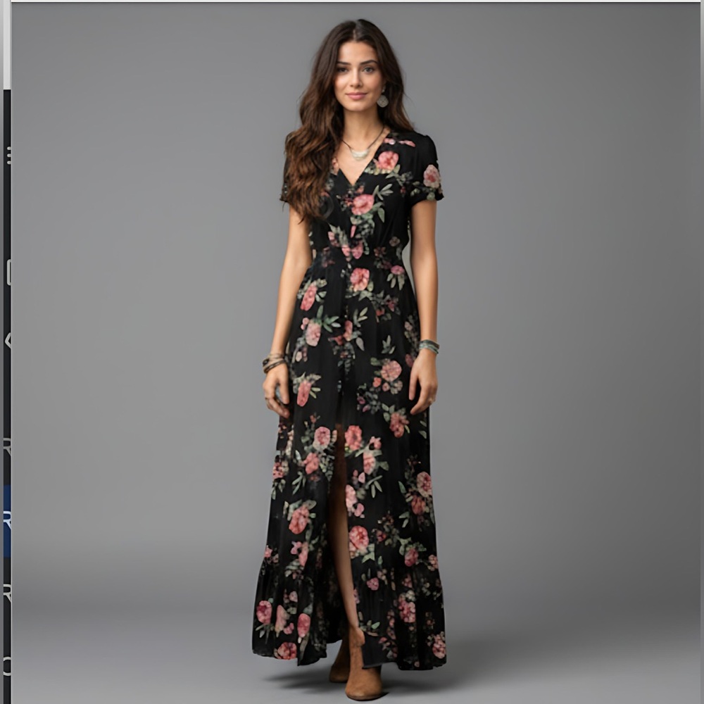 Black Boho Rose Floral Print Button Front Split Thigh Dress - Picture 5 of 14